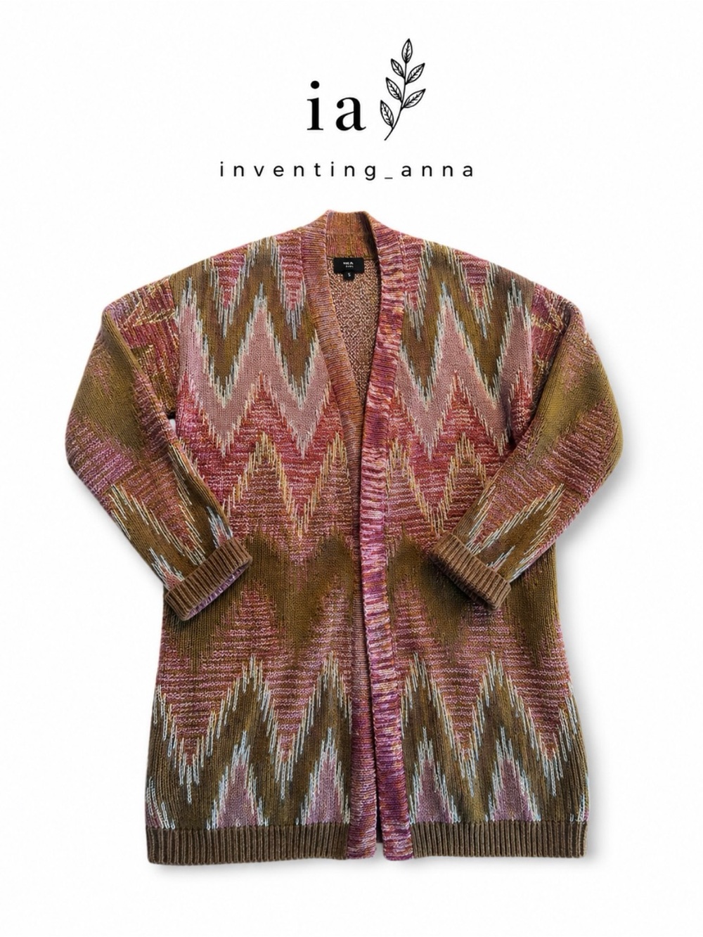 Lucky Brand Olive and Rust Zigzag Open-Front Cardigan w/Gold Thread Accents